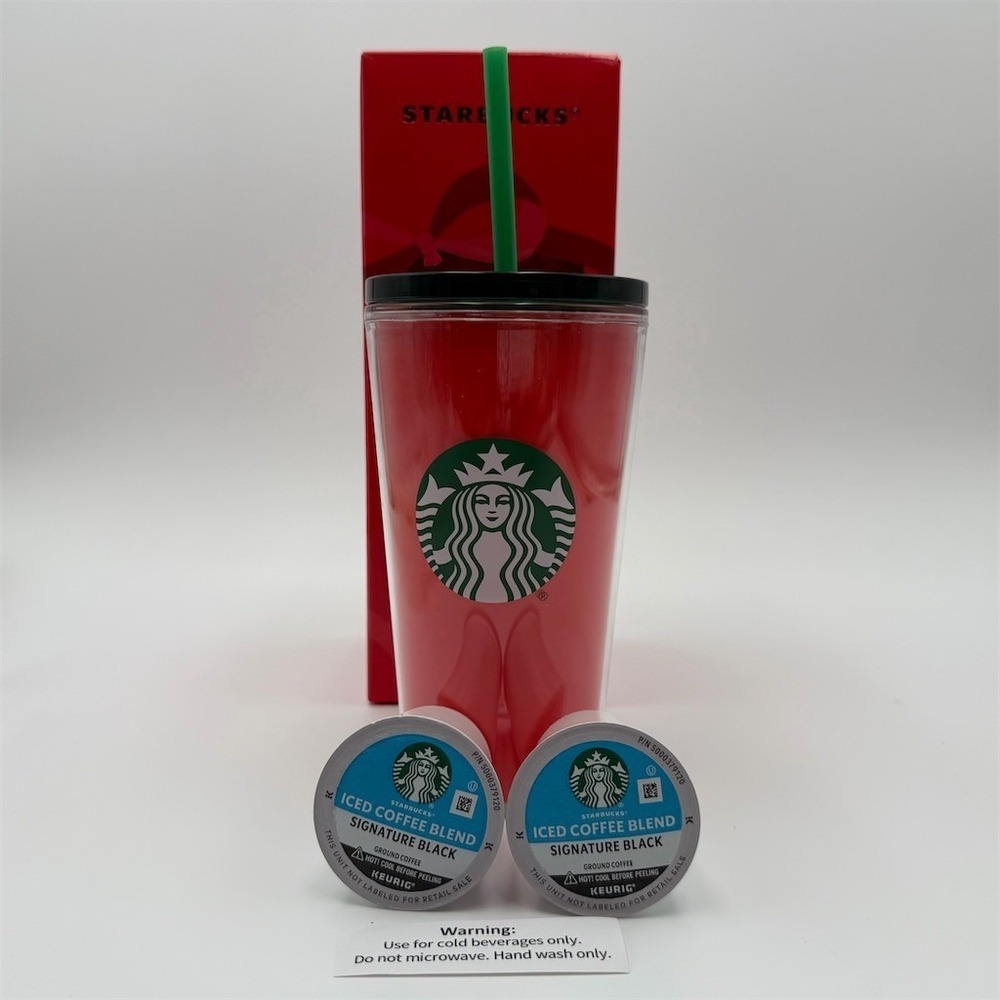Starbucks Holiday Red Cold Cup 16 oz w/ Green Straw + 2 Iced Coffee‎ K-Cups